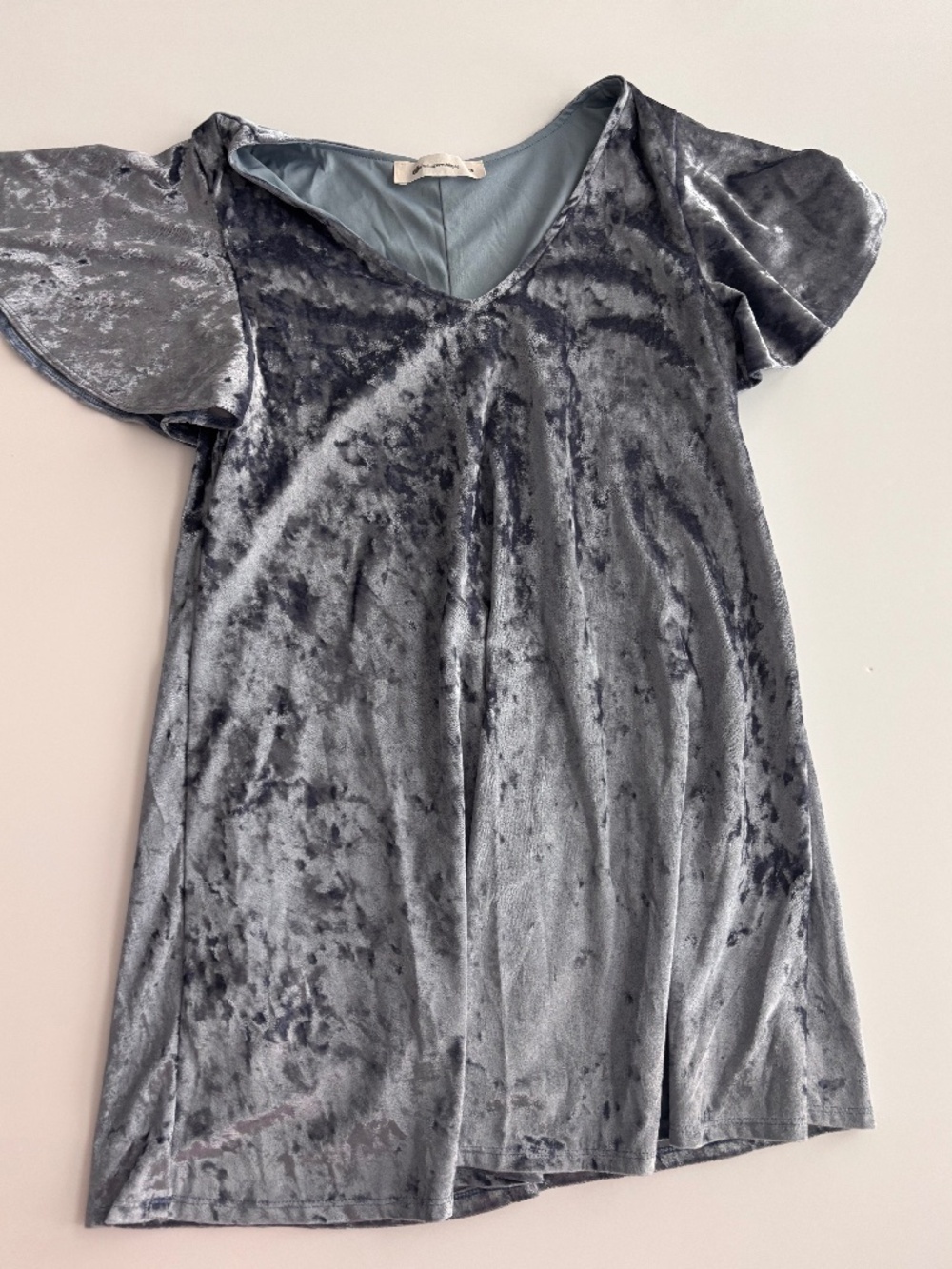 The Impeccable Pig Dusty Blue Velvet Flutter Sleeve Mini Dress Medium